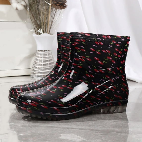 IUJSOY Women's Waterproof Garden Rain Boots Print Short Ankle Rainboots Anti-Slip Rubber Boots