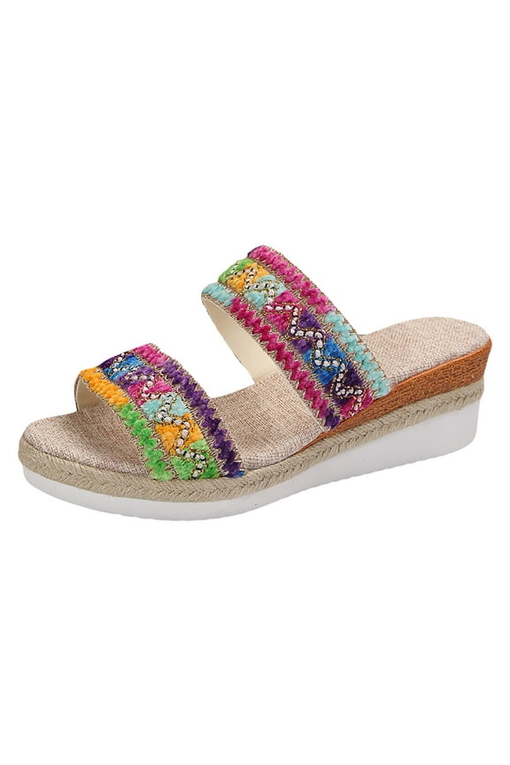 Women's Wedge Platform Sandals Espadrilles Two Strap Colorful Embroidery Slip on Slides
