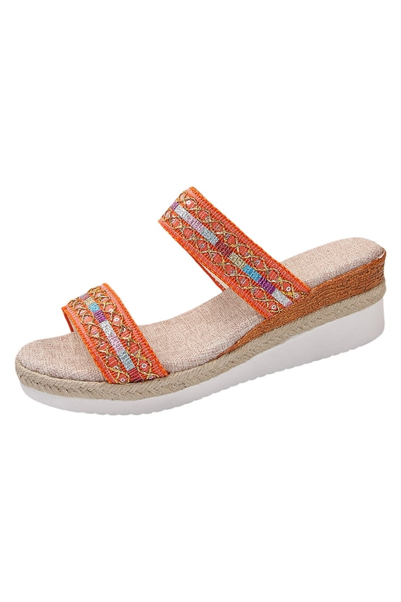 Women's Wedge Platform Sandals Espadrilles Two Strap Colorful Embroidery Slip on Slides