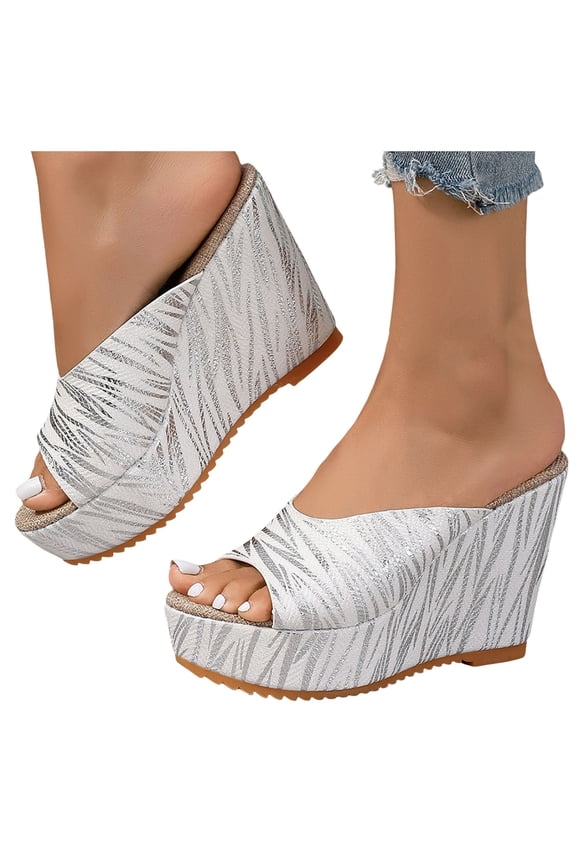 Women's Wedge Platform Slides Slip on Stripe Sandals Open Toe Dress Summer Mules Shoes