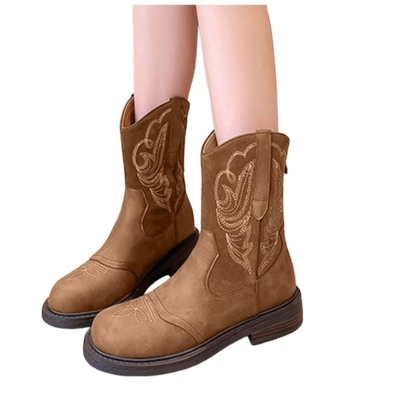 Mostsola Women's Western Mid Calf Boots Embroidery Round Toe Cowboy Boots Zipper Motorcycle Boots