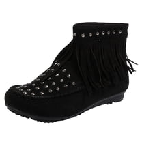 IUJSOY Womens Ankle Boots Flat Fringe Mocassion Booties Combat Studded Motorcycle Boots Black 6