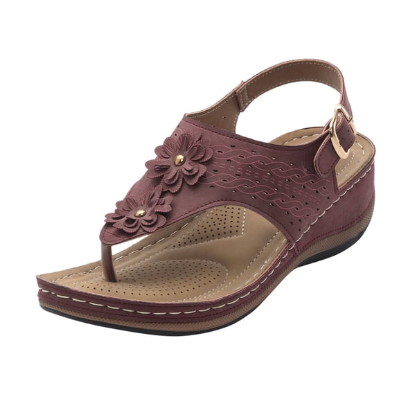 IUJSOY Womens Arch Support Flip Flops Wedge Sandals Bohemian Hollow out Buckle Ankle Strap Sandals