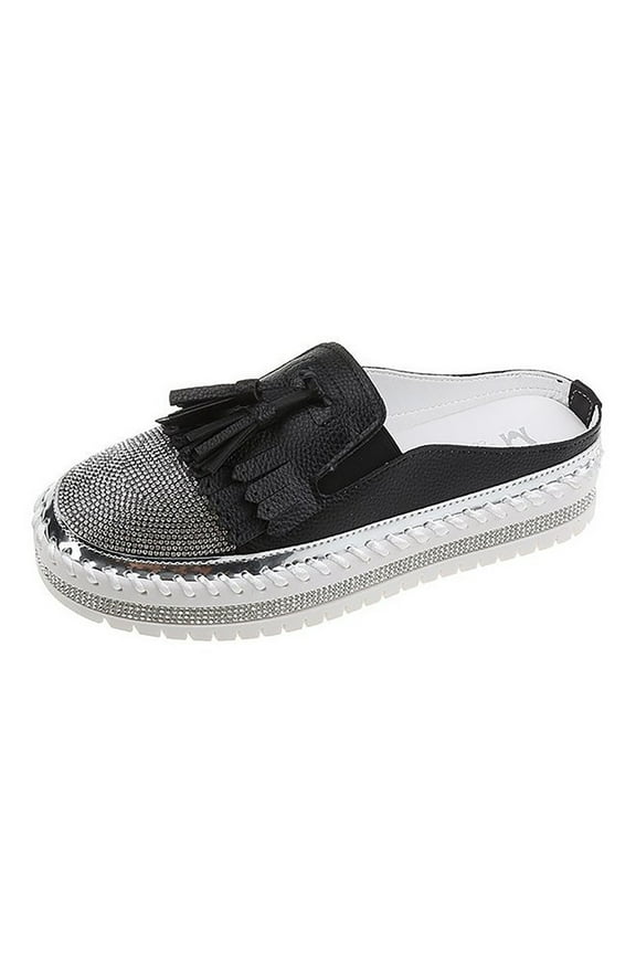 Womens Backless Mules Shoes Rhinestones Tassel Platform Loafers Fashion Flat Penny Shoes