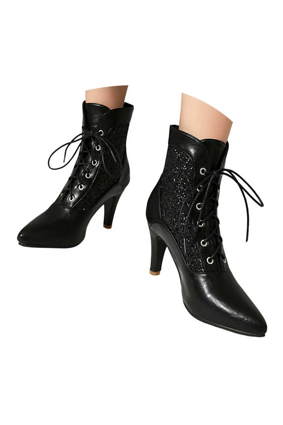 Womens Boots Lace up Sparkly Kitten Heels Vintage Wedding Bridal Dressy Short Booties
