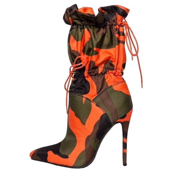 IUJSOY Womens Camouflage Pointed Toe Mid Calf Boots Stiletto High Heels Boots Elastic Lace up Ankle Booties