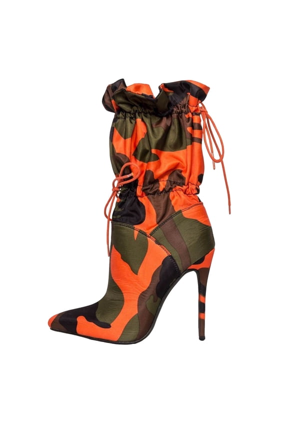 Womens Camouflage Pointed Toe Mid Calf Boots Stiletto High Heels Boots Elastic Lace up Ankle Booties