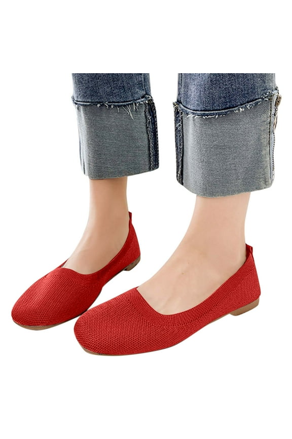 Womens Casual Flat Shoes Square Toe Shoes Knitted Work Shoes Comfortable Walking Shoes