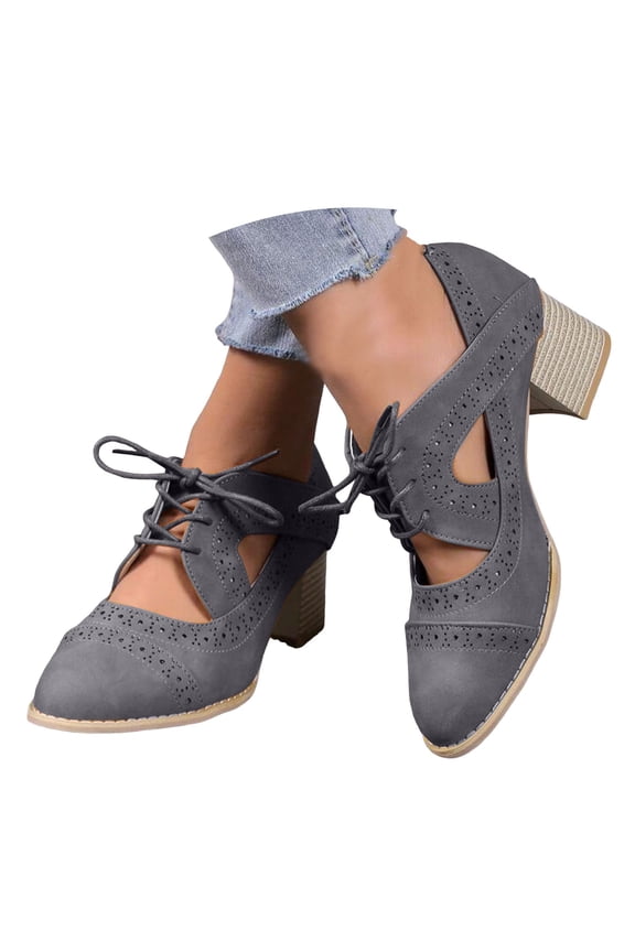 Womens Classic Lace up Stacked Heel Oxfords Cutout Suede Cap Toe Dress Pump Shoes