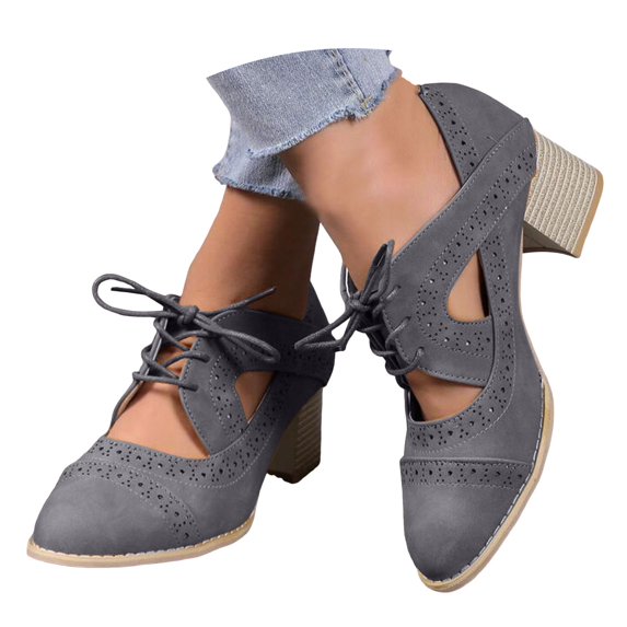 IUJSOY Womens Classic Lace up Stacked Heel Oxfords Cutout Suede Cap Toe Dress Pump Shoes