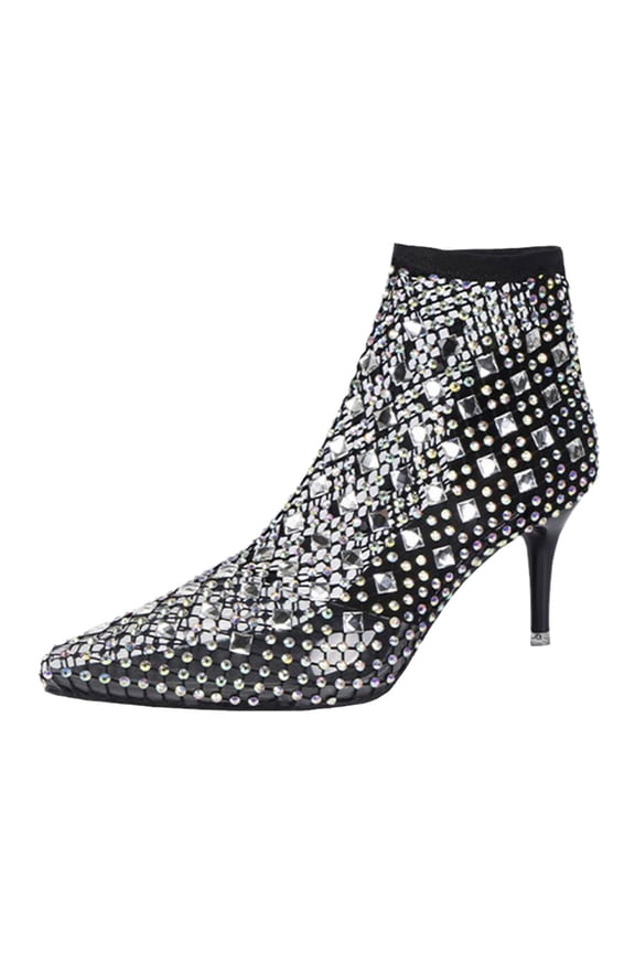 Womens Evening Dress Kitten Heel Boots Hollow Out Rhinestone Pull on Bootie Stiletto