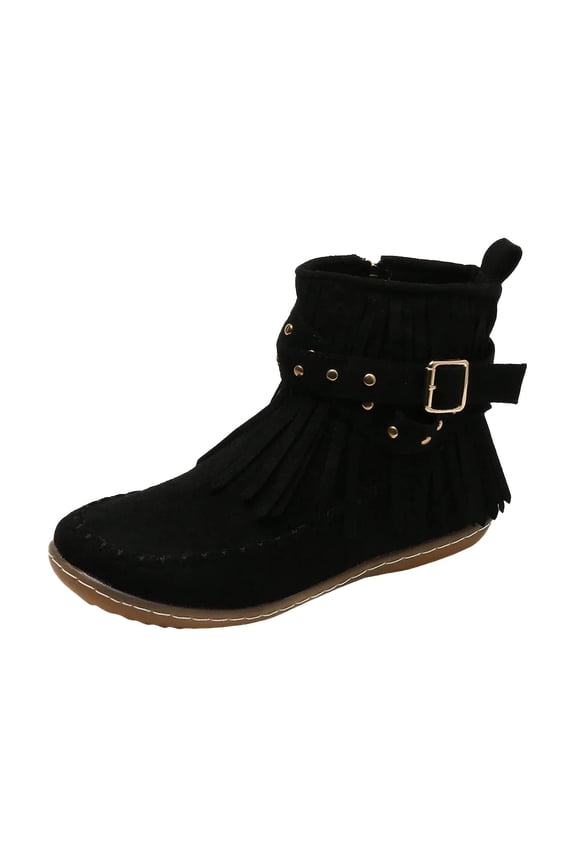 Womens Flat Boots Anti-Slip Short Ankle Boots Western Fringe Round Toe Zipper Cowboy Boots
