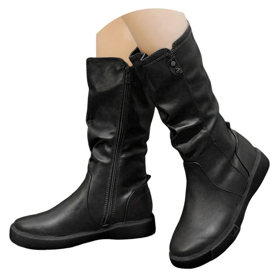 IUJSOY Womens Flat Mid Calf Boots Slouchy Round Toe Vintage Leather Zip up Motorcycle Boots