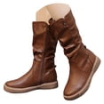 thumbnail image 1 of IUJSOY Womens Flat Mid Calf Boots Slouchy Round Toe Vintage Leather Zip up Motorcycle Boots, 1 of 5