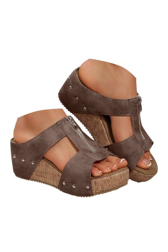 Womens Front Zipper Wedge Sandals Comfortable Footbed Cork Platform Slides Dressy Sandals