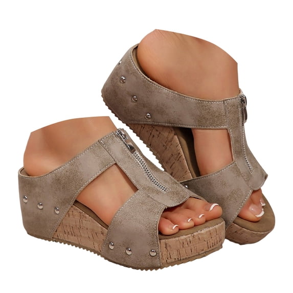 IUJSOY Womens Front Zipper Wedge Sandals Comfortable Footbed Cork Platform Slides Dressy Sandals