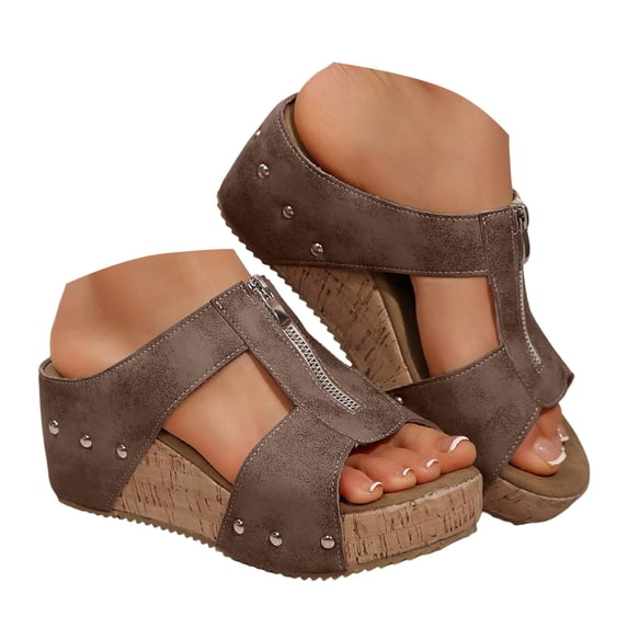 IUJSOY Womens Front Zipper Wedge Sandals Comfortable Footbed Cork Platform Slides Dressy Sandals