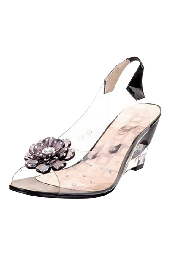 Womens Sandals Clear Wedges Heels Peep Toe Flower Rhinestone Slingback Sandals Pumps