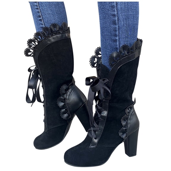 IUJSOY Womens Lace up Mid Calf Boots Sexy Lace Retro Victorian Boots Dressy 70s Witch Costume Boots