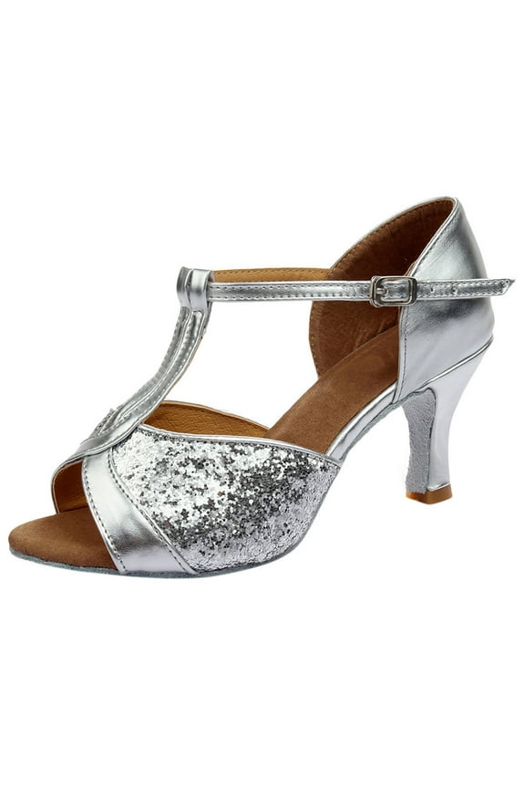 Womens Latin Dance Shoes Sparkly Open Toe T-Strap Ballroom Salsa Practice Dancing Low Heels