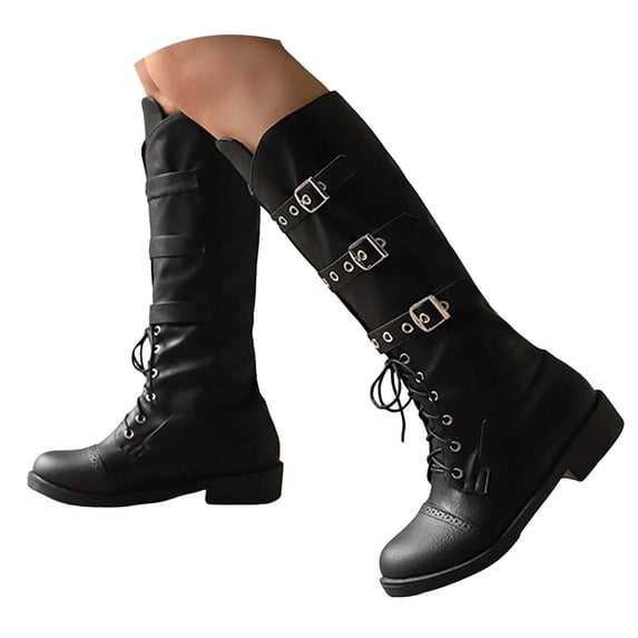 IUJSOY Womens Mid Calf Boots Buckle Strappy Combat Boots Lace up Low ...