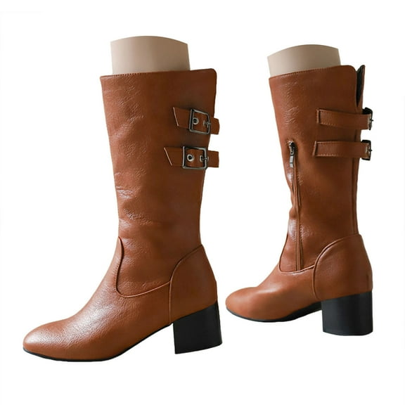 Mostsola Womens Mid Calf Motorcycle Boots Soft Leather Buckle Strap Black Boots Western Fall Boots