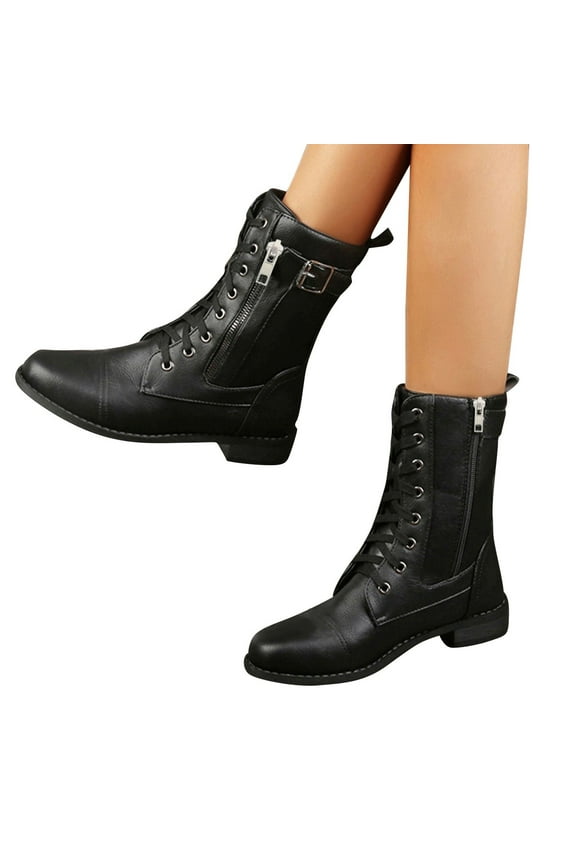 Womens Motorcycle Boots Lace up Heeled Ankle Boots Side Zipper Pocket Combat Boots Booties