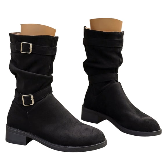 Mostsola Womens Motorcycle Boots Slouchy Suede Mid Calf Boots Pull on Buckle Strap Heeled Riding Boots