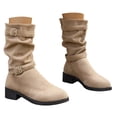 thumbnail image 1 of IUJSOY Womens Motorcycle Boots Slouchy Suede Mid Calf Boots Pull on Buckle Strap Heeled Riding Boots, 1 of 8