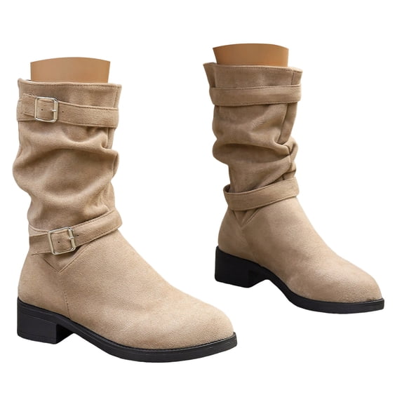 IUJSOY Womens Motorcycle Boots Slouchy Suede Mid Calf Boots Pull on Buckle Strap Heeled Riding Boots