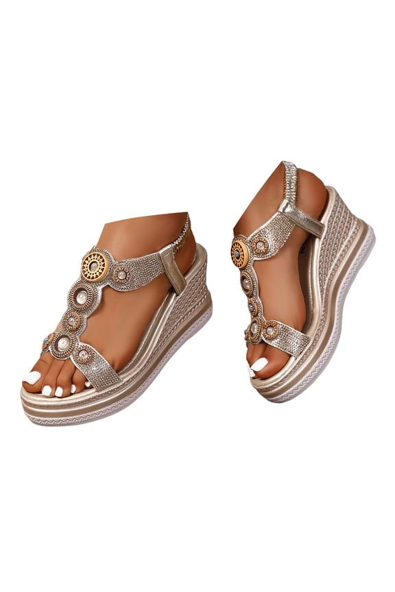 Womens Platform Sandals T-Strap Bohemian Beaded Wedges Elastic Ankle Strap Open Toe Heels