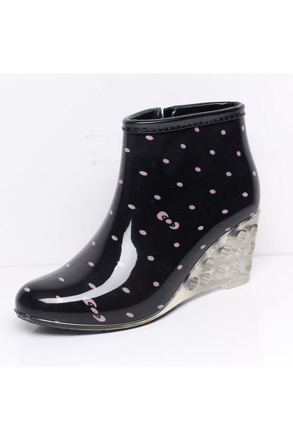 Womens Rain Boots Wedge Ankle Booties Zip-up Spot Print Clear Heel Rubber Rainboots