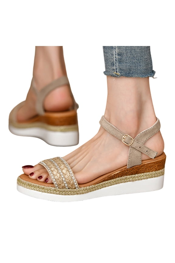 Womens Rhinestone Platform Wedge Sandals Open Toe Espadrilles Heels Summer Slingback Shoes