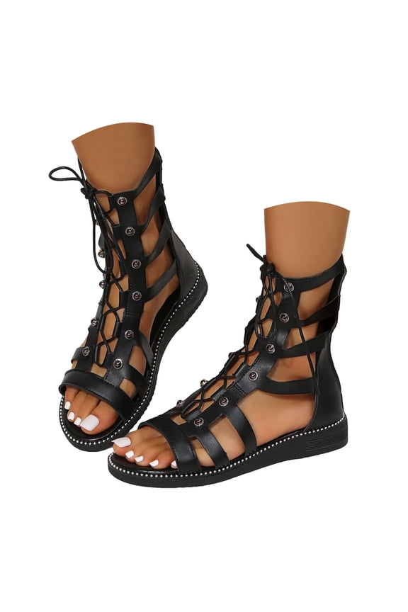 Womens Sandals Caged Gladiator Sandlas Zipper Boots Lace up Flats Shoes Strappy Sandals