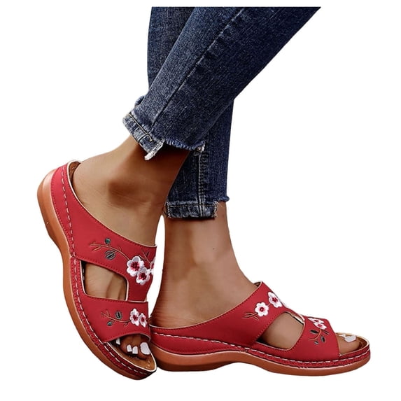 IUJSOY Womens Sandals Floral Embroidery Wedge Sandals Casual Slip on Dress Shoes Summer Slides
