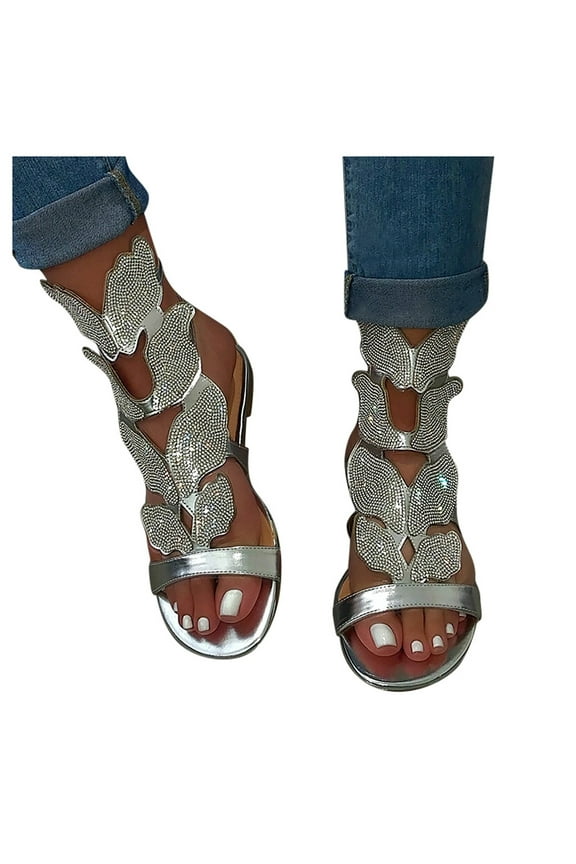 Womens Sandals Glitter Gladiator Sandals Caged Rhinestone Ankle Strap Open Toe Flats