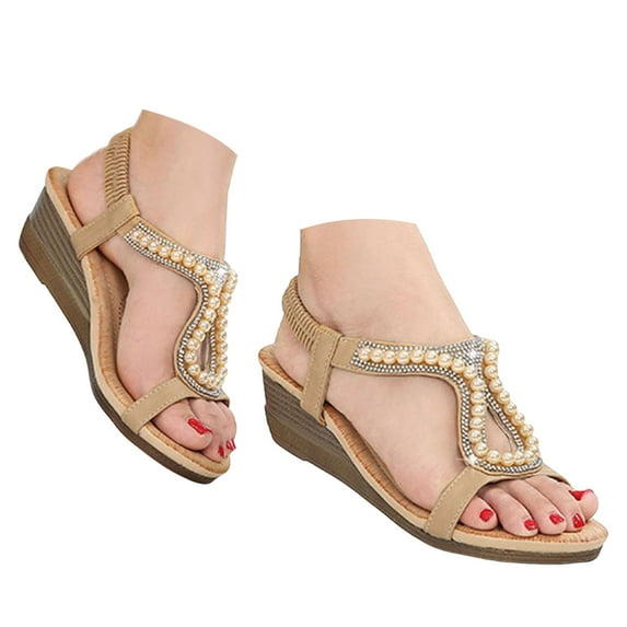 IUJSOY Womens Sandals Open Toe Dressy Wedges Heels Elegant Rhinestone Beaded Beach Shoes Pumps