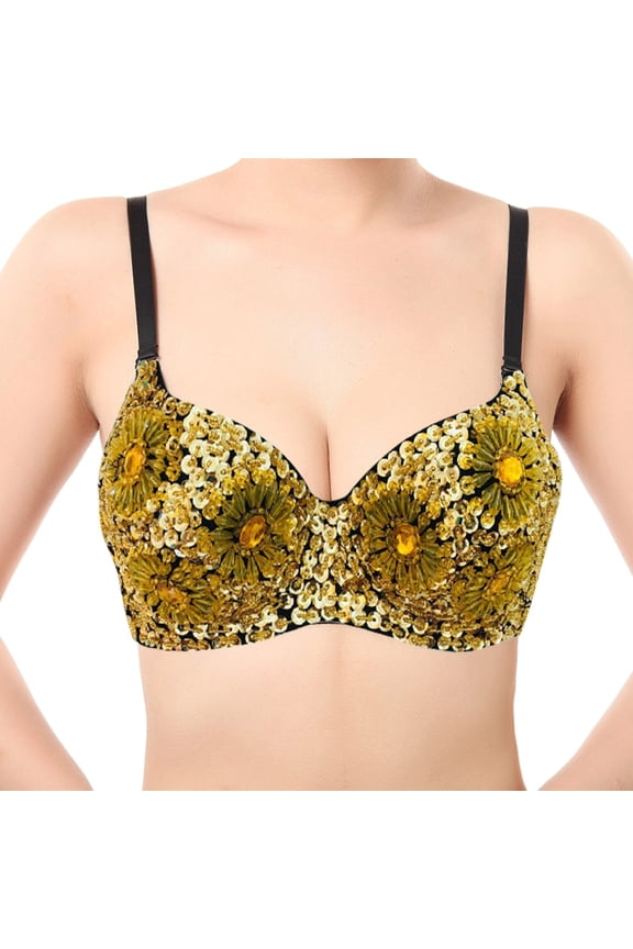 Womens Shiny Rhinestone Underwire Push up Bra Belly Dance Top Bustier for Rave Party