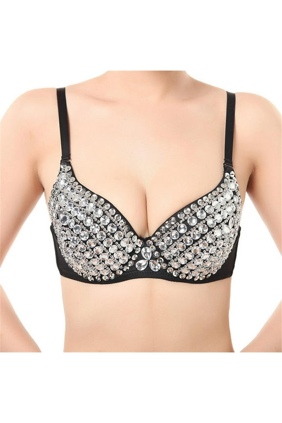 Womens Shiny Rhinestone Underwire Push up Bra Belly Dance Top Bustier for Rave Party