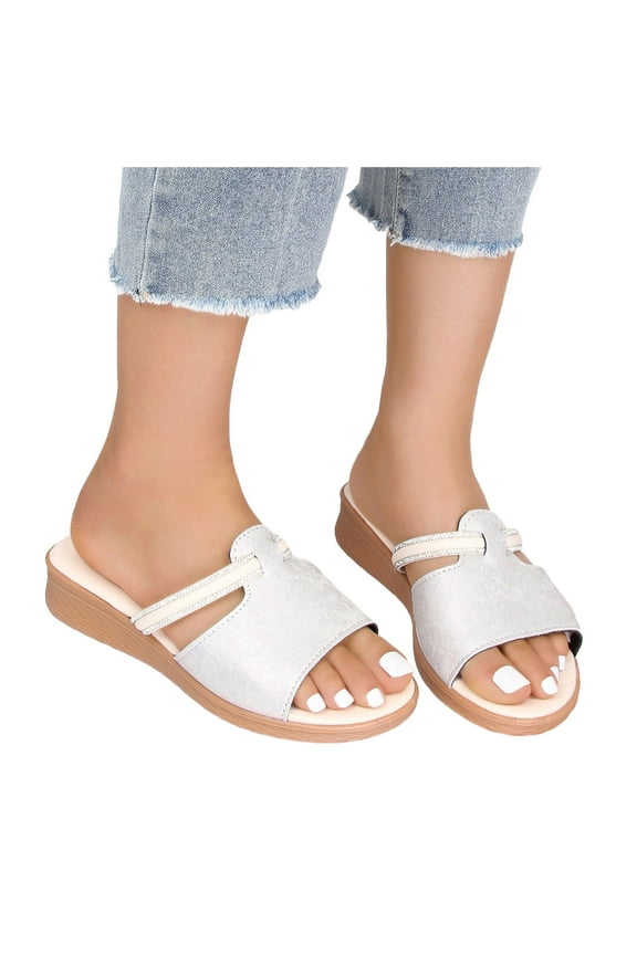 Womens Slide Sandals Comfortable Arch Support Walking Shoes Retro Print Slip on Flat Sandals