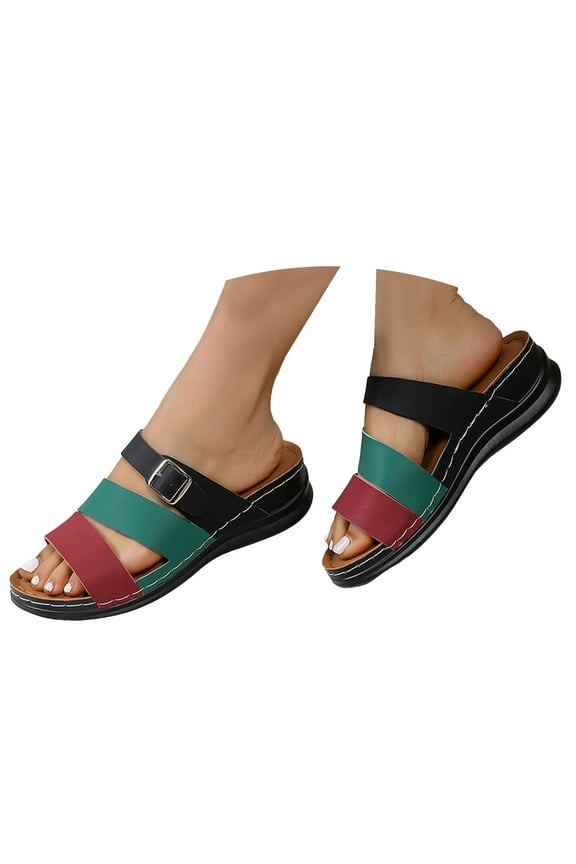 Womens Slides Comfortable Arch Support Wedges Orthopedic Sandals Color Block Walking Shoes