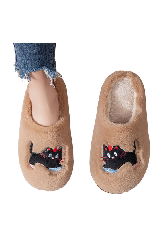 Womens Slippers Funny Cat Print Slip on Shoes Winter Warm Slides Non-Slip Plush House Slippers