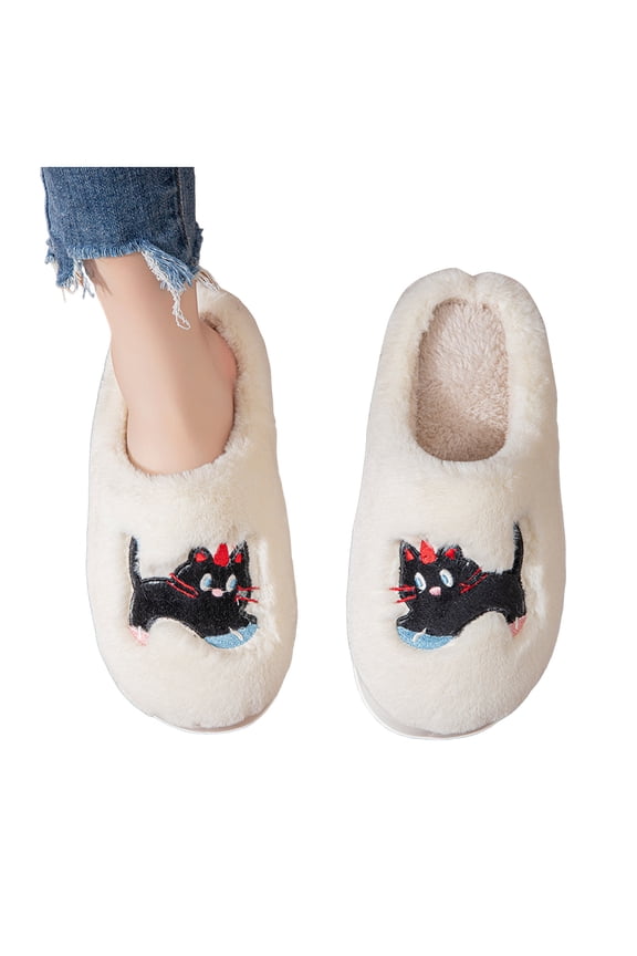 Womens Slippers Funny Cat Print Slip on Shoes Winter Warm Slides Non-Slip Plush House Slippers