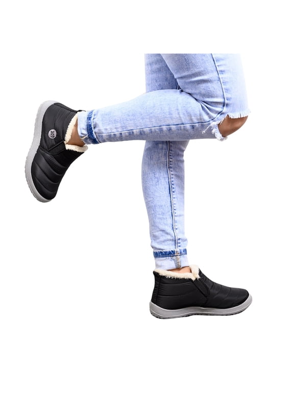 Womens Snow Boots Furry Lined Non-Slip Slip on Winter Ankle Boots Outdoor Warm Flat Booties