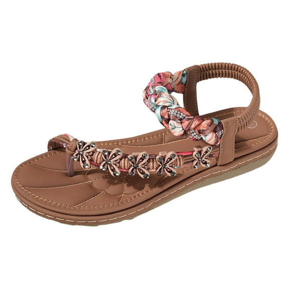 IUJSOY Womens T-Strap Beaded Summer Beach Sandals Comfort Walking Shoes Bohemian Flats Sandals