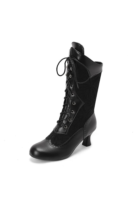 Womens Victorian Lace Booties Wedding Bridal Mid Calf Boots Witch Boots Mid Heel Shoe
