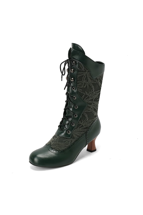 Womens Victorian Lace Booties Wedding Bridal Mid Calf Boots Witch Boots Mid Heel Shoe