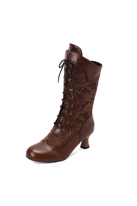 Womens Victorian Lace Booties Wedding Bridal Mid Calf Boots Witch Boots Mid Heel Shoe