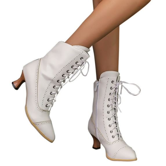 IUJSOY Womens Victroian Boots Lace up Ankle Boots Vintage 70s Kitten Heel Mid Calf Booties