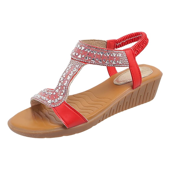 IUJSOY Womens Wedge Sandals Elastic Ankle Strap Fashion Rhinestone T-Strap Non Slip Sandals